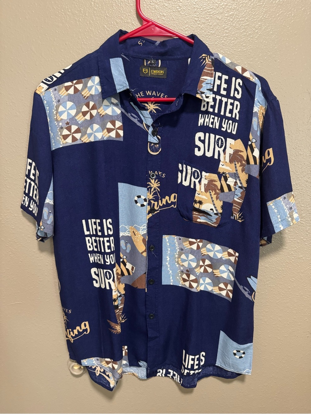Men's Navy Graphic Surf Print Short-Sleeve Shirt